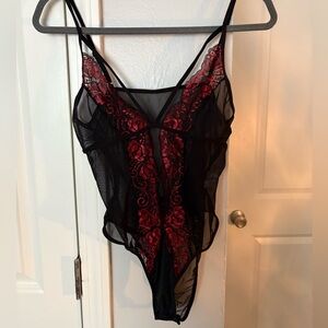 Sheer Black and Red Lace Chemise Bodysuit